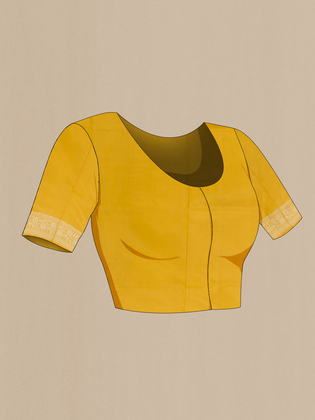 Close up image of the blouse of Yellow Banarasi Katan Silk Saree with Zari Butta on the body and Zari Border. 