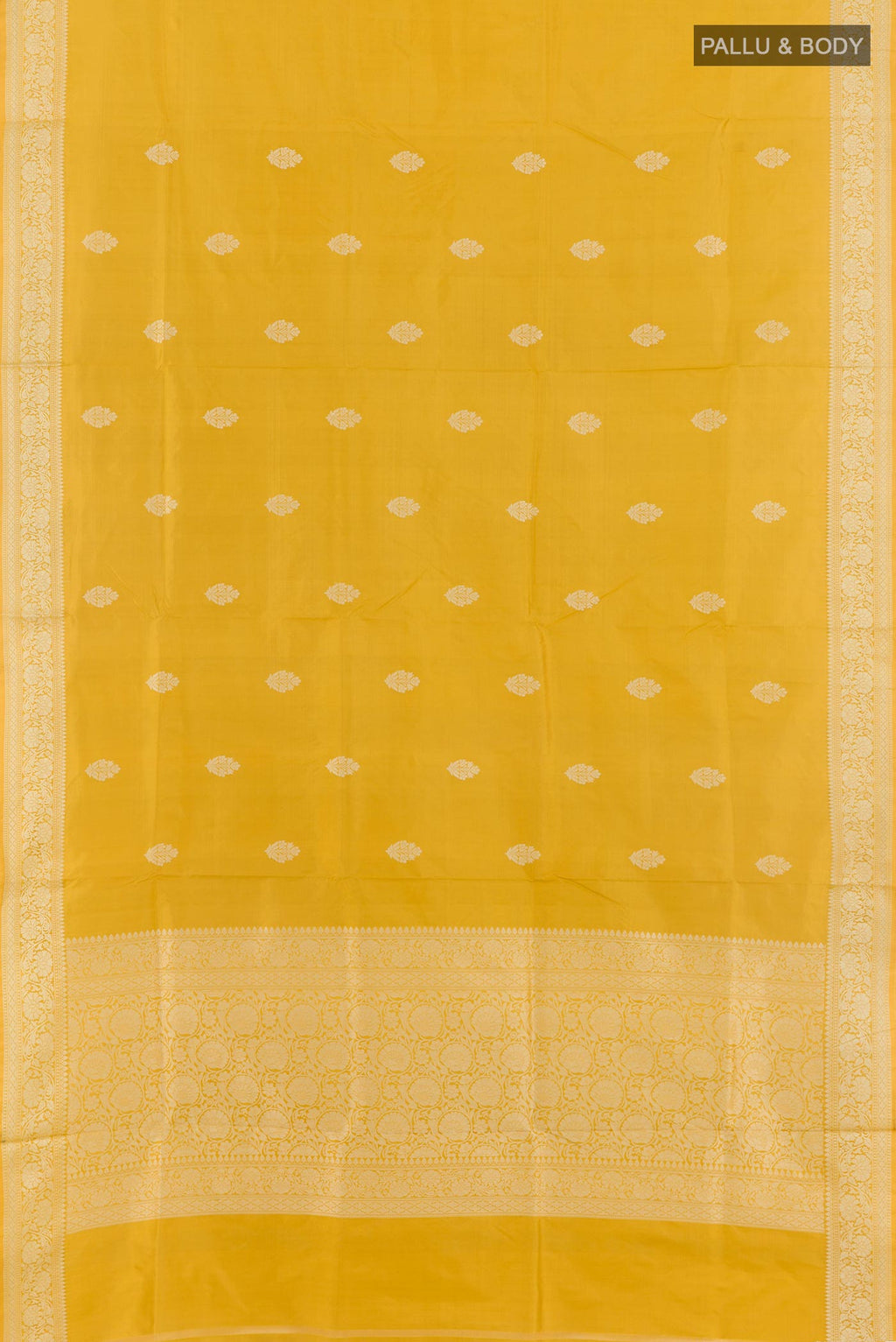Flat view of Yellow Banarasi Katan Silk Saree with Zari Butta on the body and Zari Border. 
