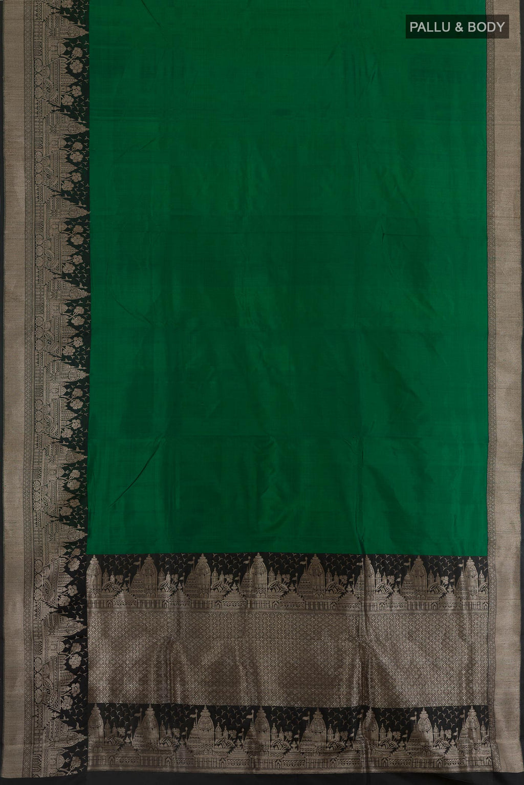 Flat view of Green Banarasi Katan Silk Saree with Plain Body and Zari Border. 