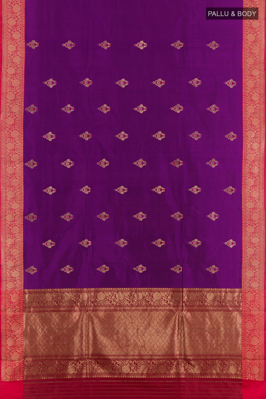 Flat view of Purple Banarasi Katan Silk Saree with Zari Butta on the body and Zari Border. 