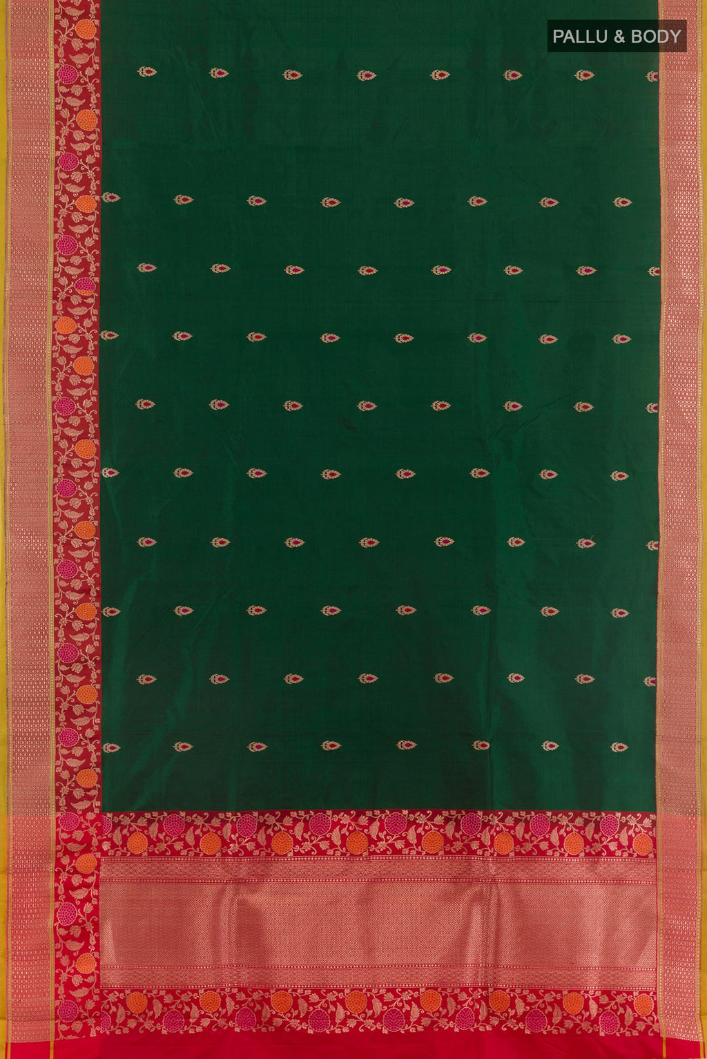 Flat view of Green Banarasi Katan Silk Saree with Zari Butta on the body and Zari Border. 