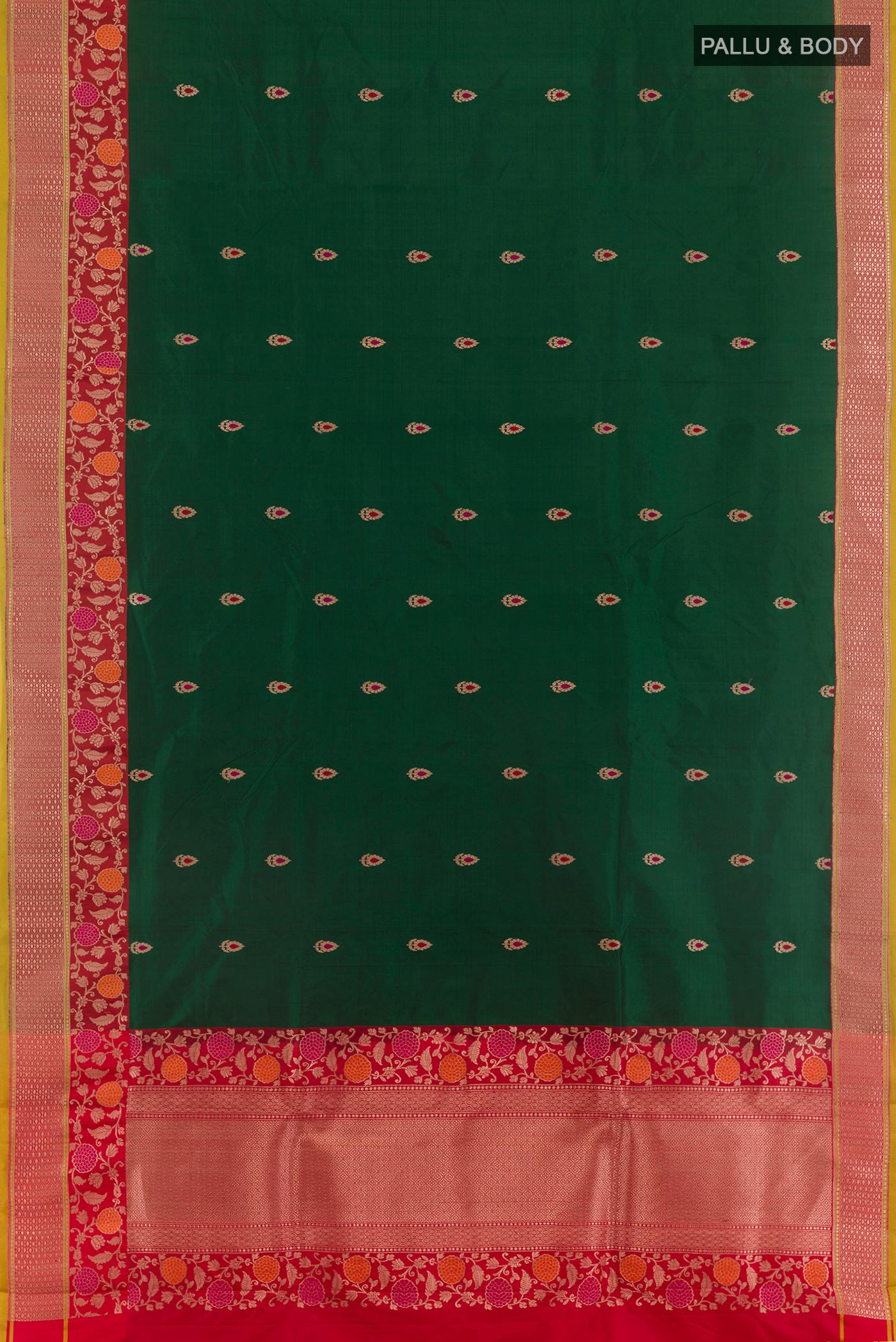 Flat view of Green Banarasi Katan Silk Saree with Zari Butta on the body and Zari Border. 