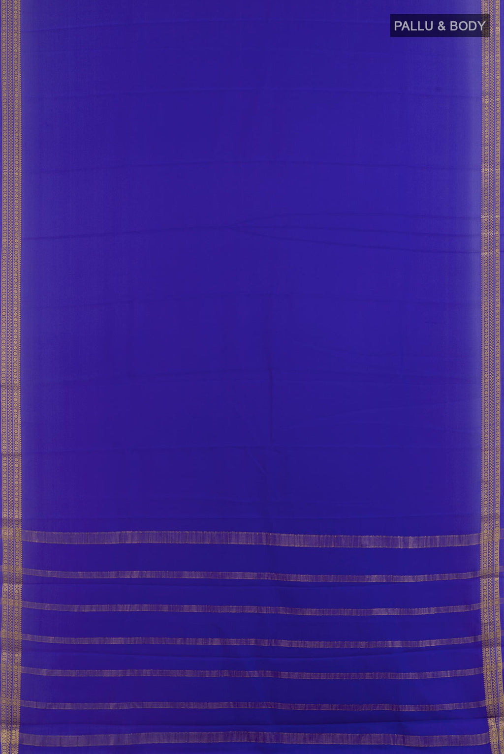 Flat view of Royal Blue Mysore Crepe Saree with Plain Body and Zari Border. 