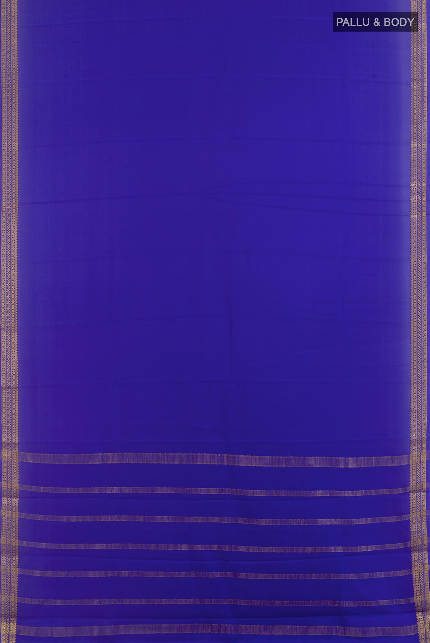 Flat view of Royal Blue Mysore Crepe Saree with Plain Body and Zari Border. 