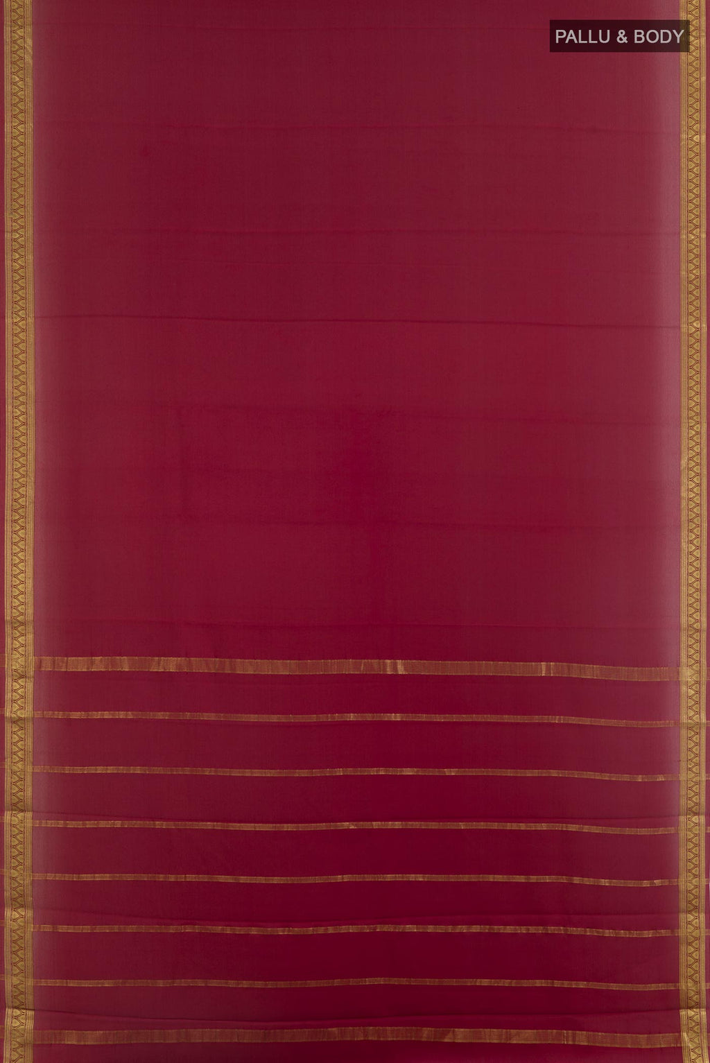 Flat view of Maroon Mysore Crepe Saree with Plain Body and Zari Border. 
