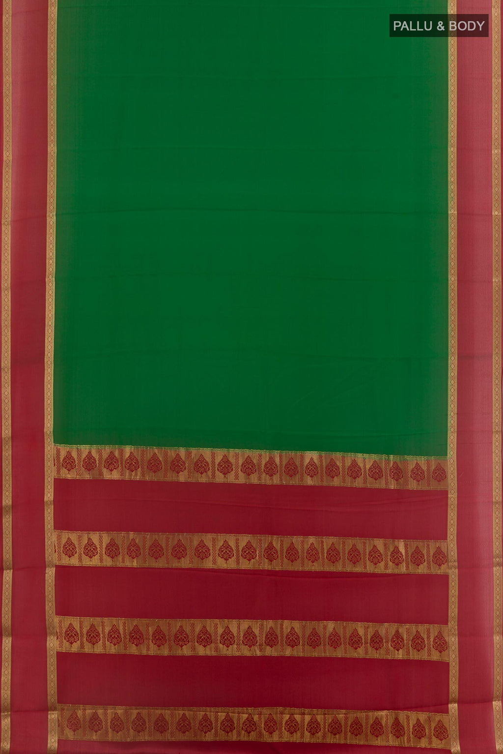 Flat view of Green Mysore Crepe Saree with Plain Body and Zari Border. 