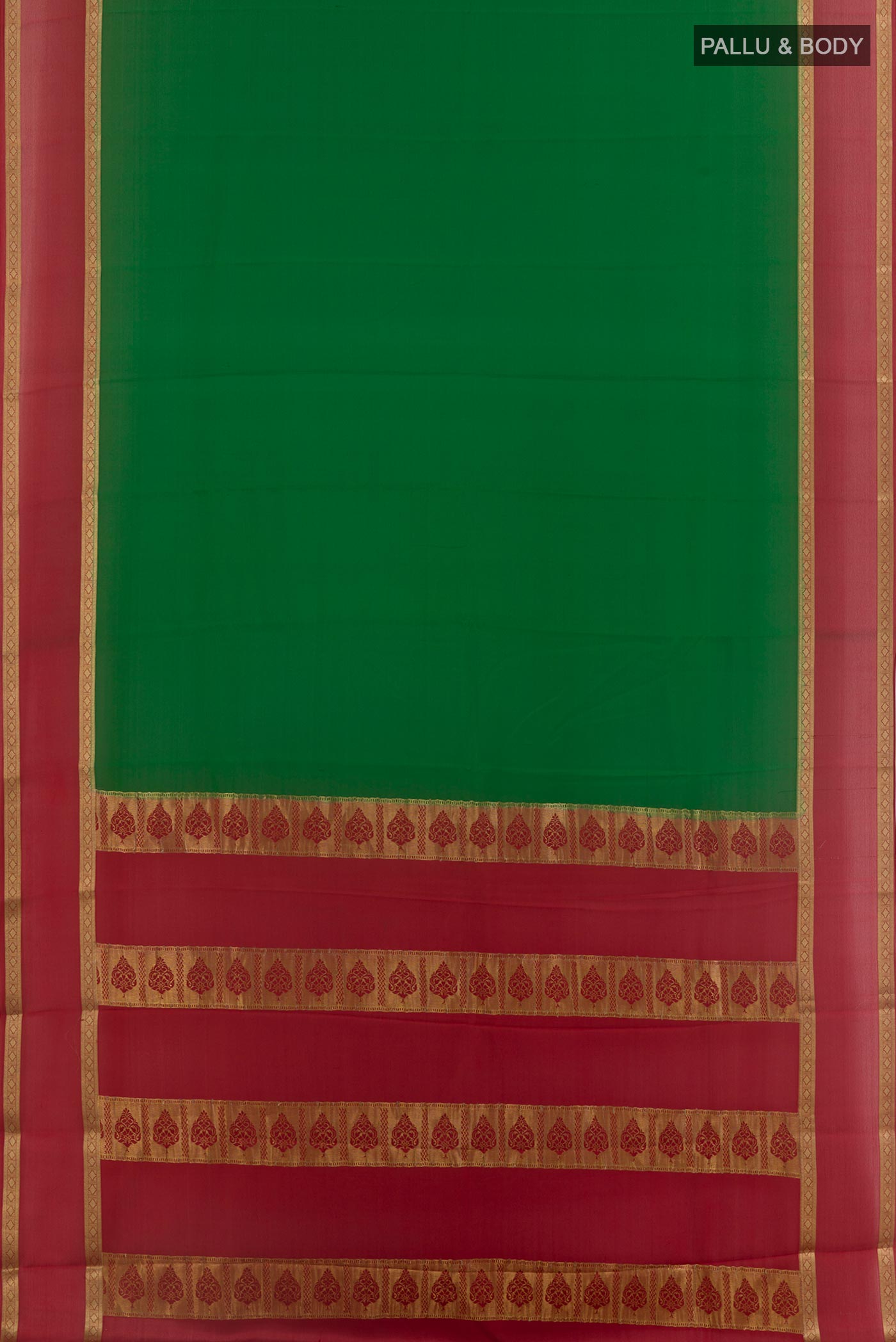 Flat view of Green Mysore Crepe Saree with Plain Body and Zari Border. 