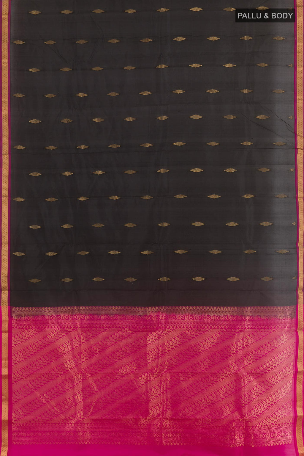 Flat view of Black Kanchipuram Silk Saree with Zari Butta on the body and Zari Border. 
