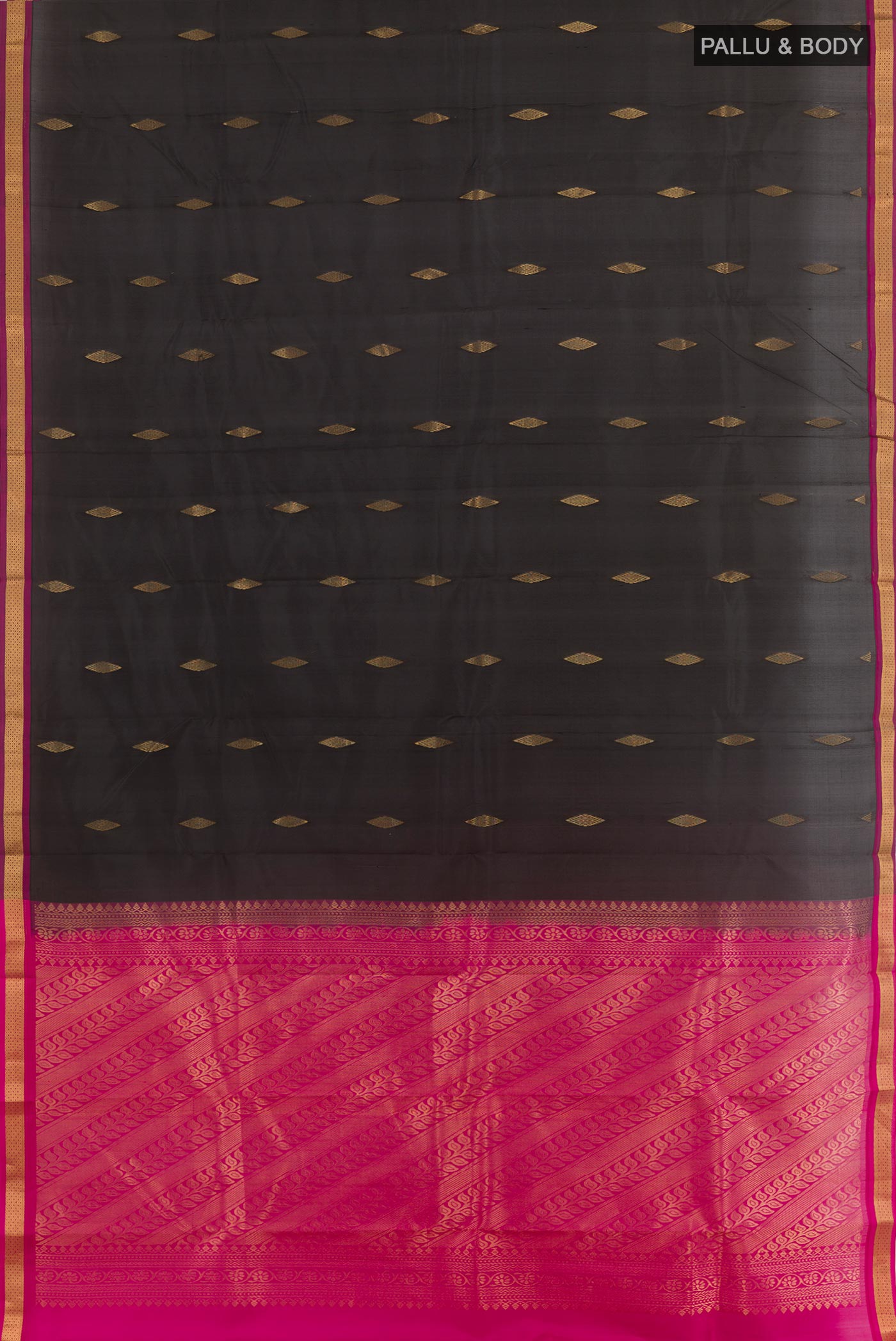 Flat view of Black Kanchipuram Silk Saree with Zari Butta on the body and Zari Border. 