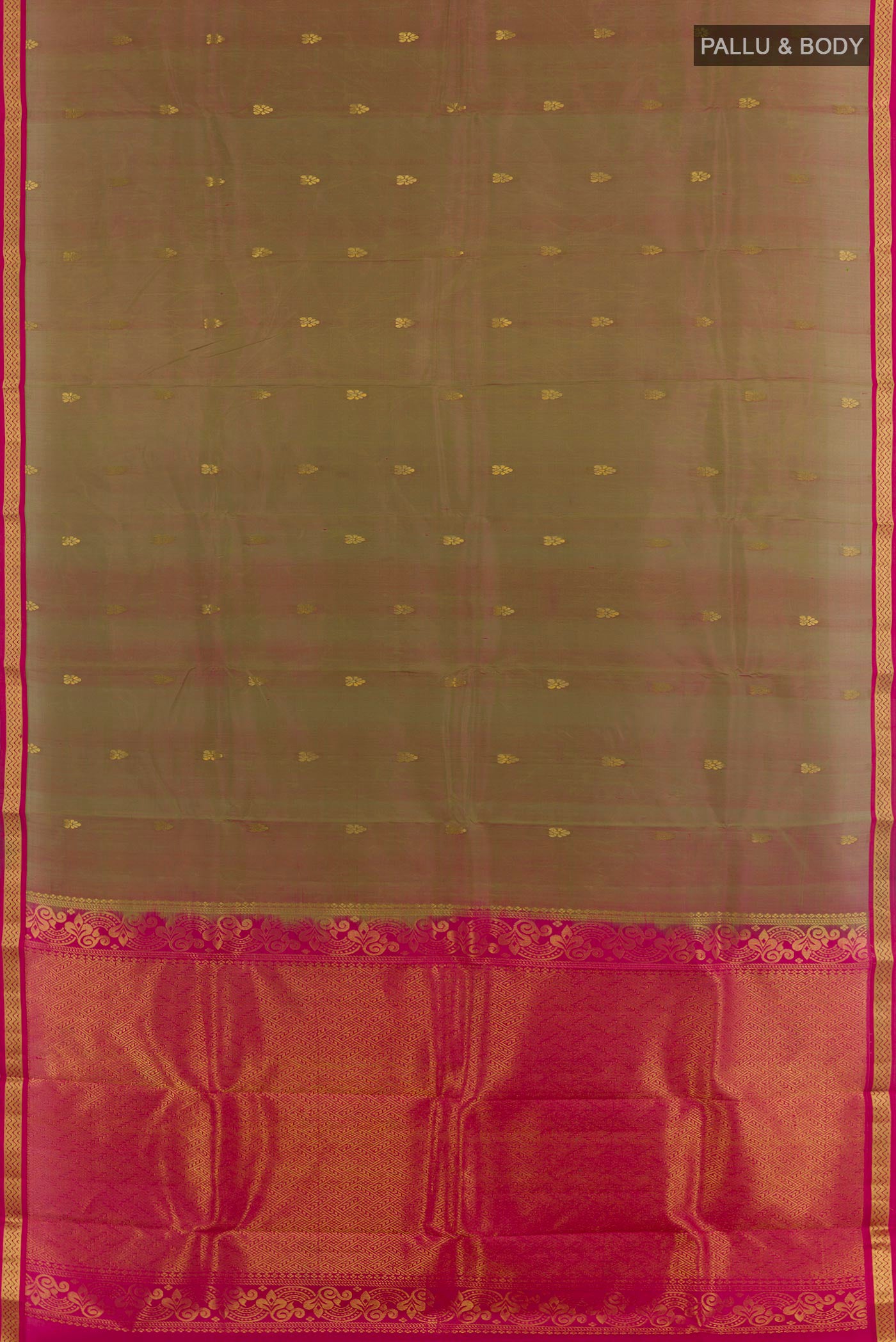 Flat view of Mehandi Green Kanchipuram Silk Saree with Zari Butta on the body and Zari Border. 