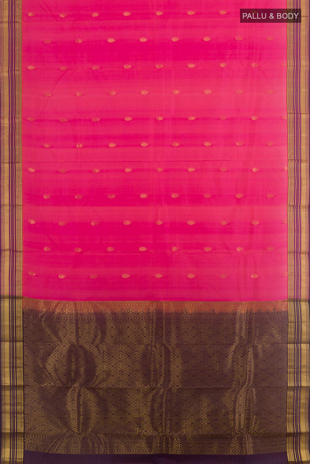 Flat view of Pink Kanjivaram Silk Saree with Zari Butta on the body and Zari Border. 