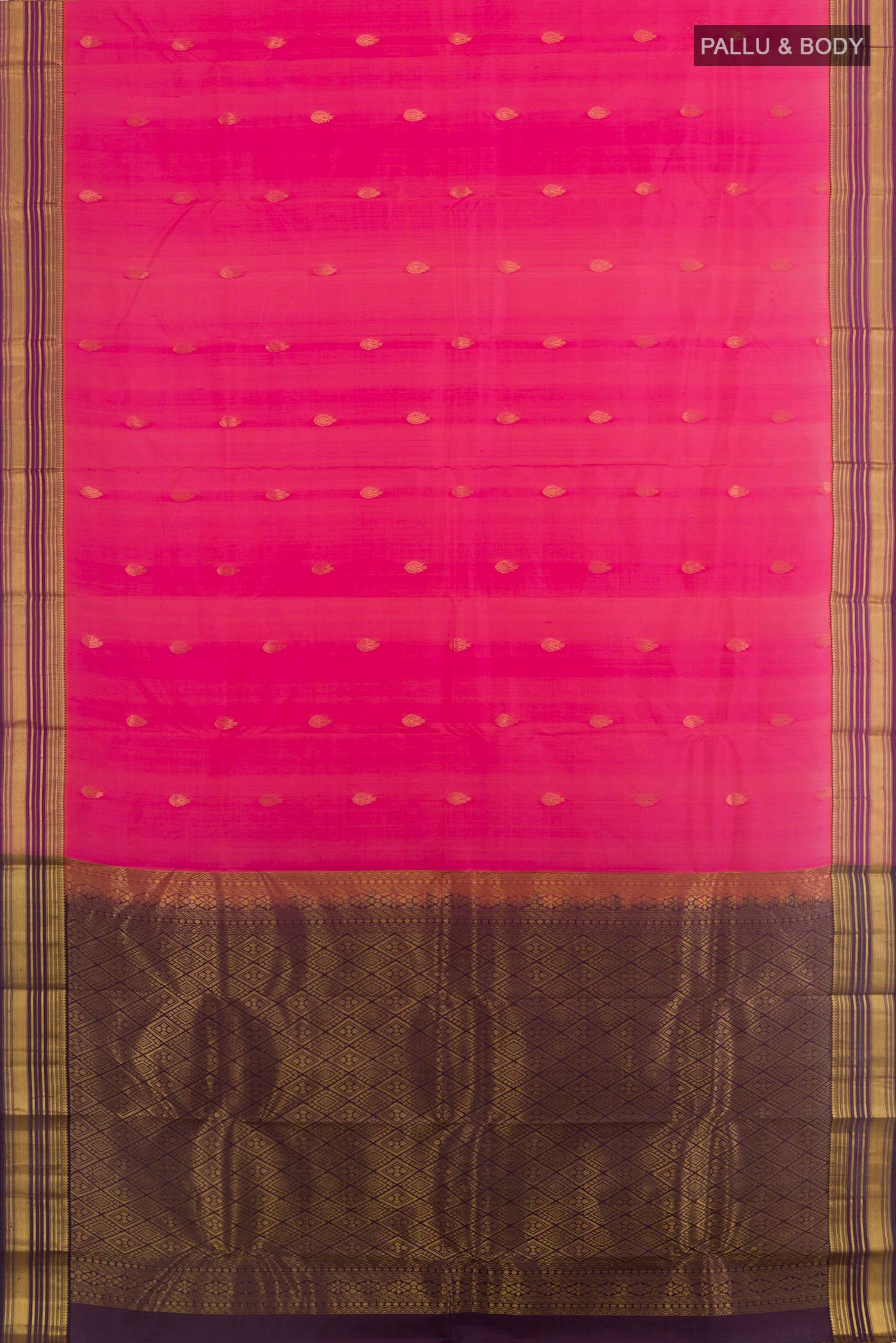 Flat view of Pink Kanjivaram Silk Saree with Zari Butta on the body and Zari Border. 
