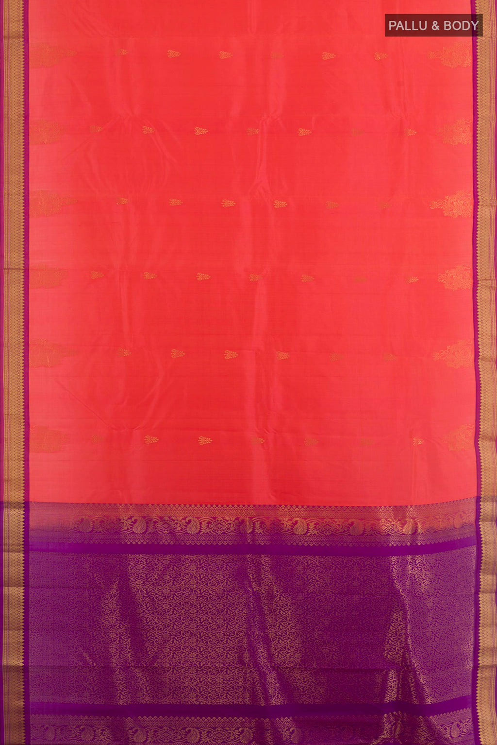 Flat view of Pink Kanjivaram Silk Saree with Zari Butta on the body and Zari Border. 