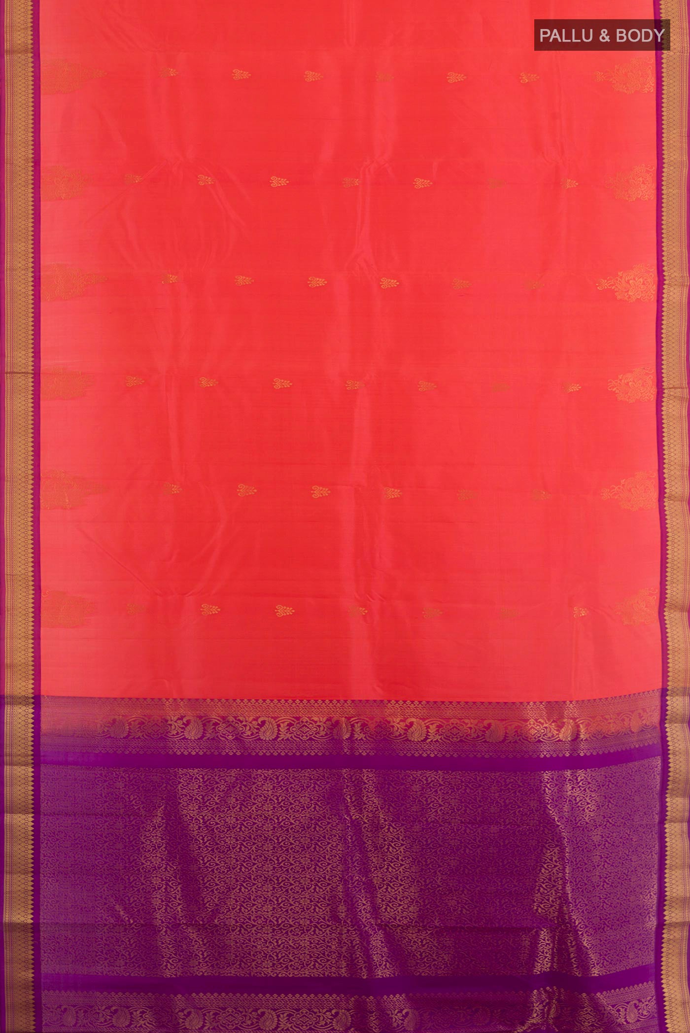Flat view of Pink Kanjivaram Silk Saree with Zari Butta on the body and Zari Border. 