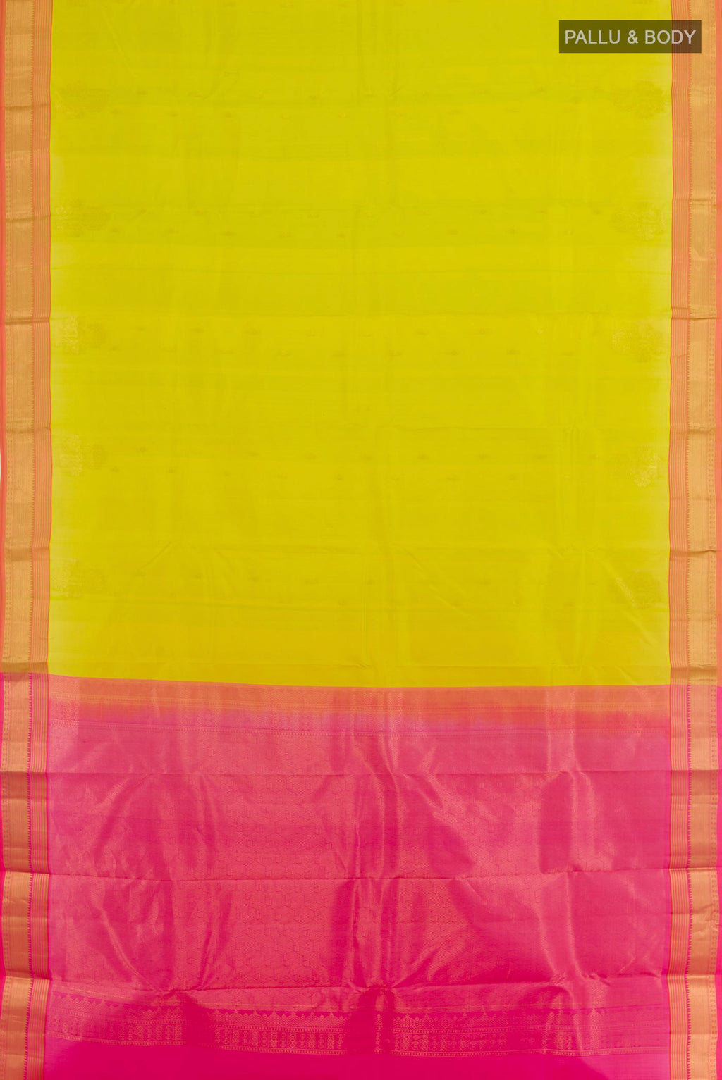 Flat view of Light Green Kanjivaram Silk Saree with Zari Butta on the body and Zari Border. 