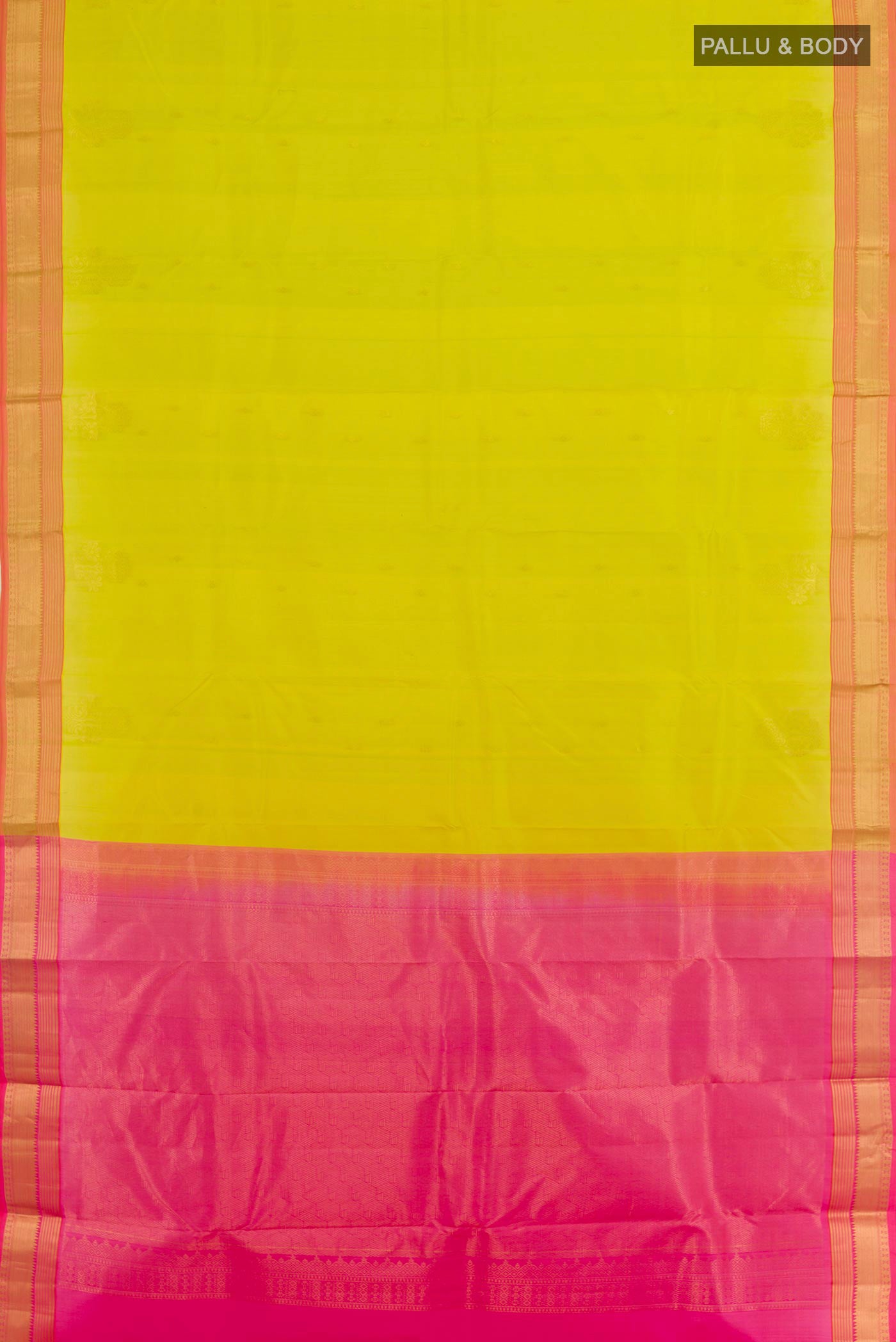 Flat view of Light Green Kanjivaram Silk Saree with Zari Butta on the body and Zari Border. 