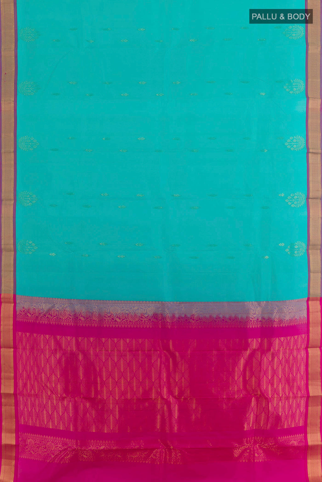 Flat view of Blue Kanjivaram Silk Saree with Zari Butta on the body and Zari Border. 