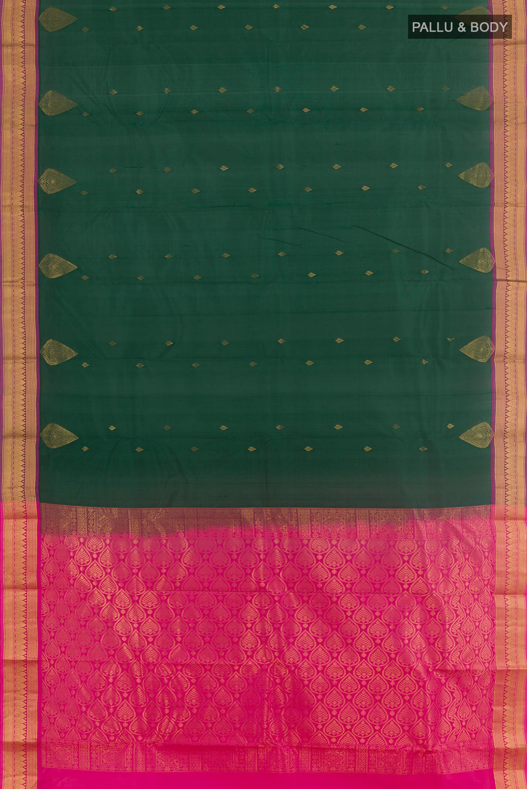 Flat view of Green Kanjivaram Silk Saree with Zari Butta on the body and Zari Border. 