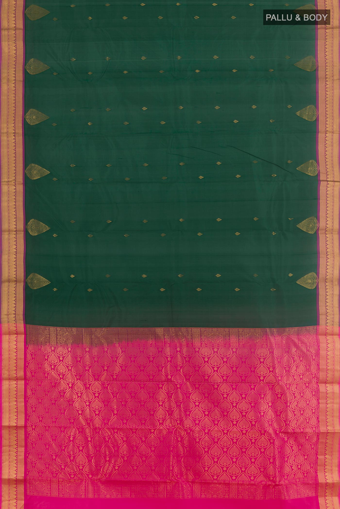 Flat view of Green Kanjivaram Silk Saree with Zari Butta on the body and Zari Border. 