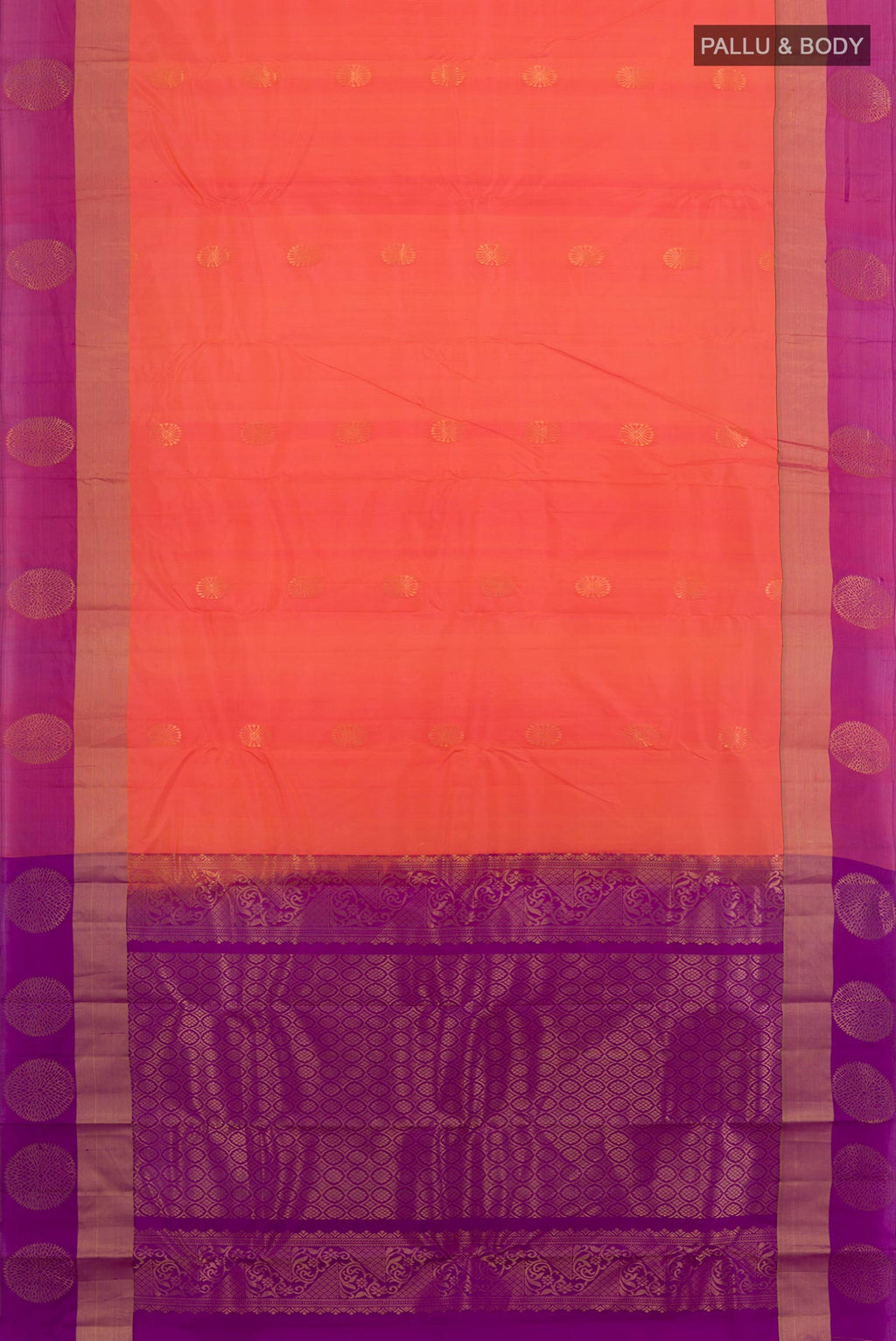 Flat view of Peach Kanjivaram Silk Saree with Zari Butta on the body and Zari Border. 