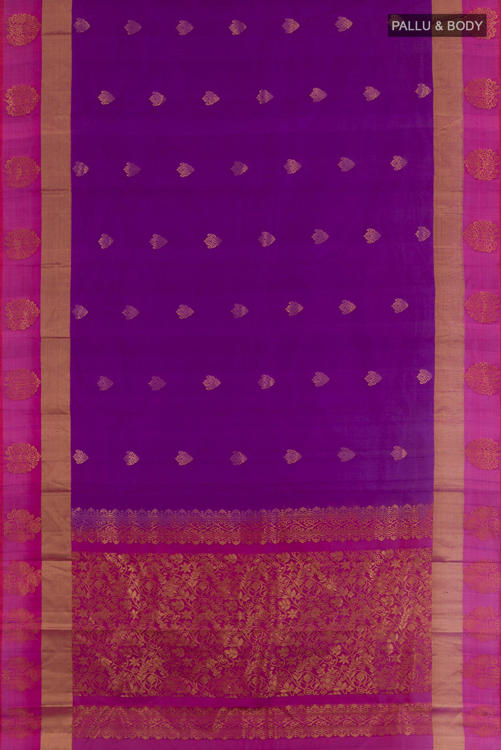 Flat view of Purple Kanjivaram Silk Saree with Zari Butta on the body and Zari Border. 