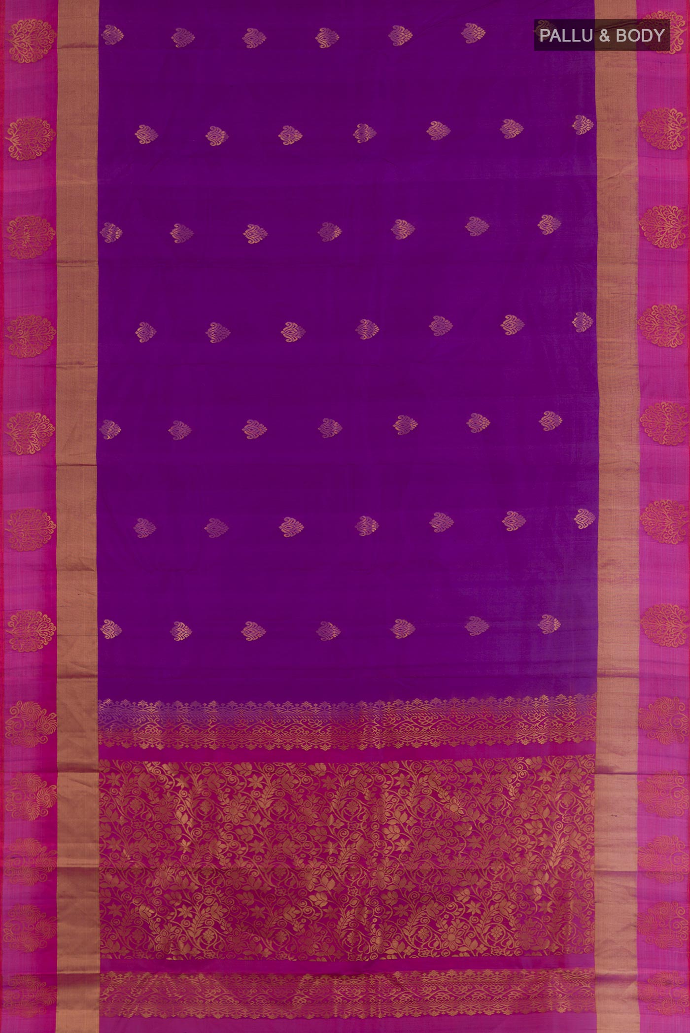 Flat view of Purple Kanjivaram Silk Saree with Zari Butta on the body and Zari Border. 