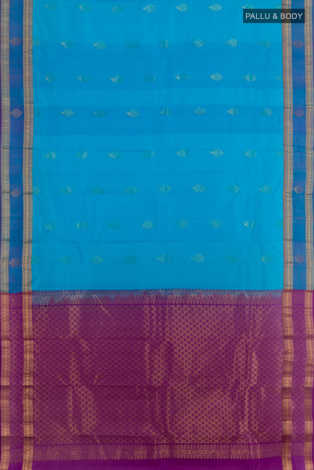 Flat view of Blue Kanjivaram Silk Saree with Zari Butta on the body and Zari Border. 