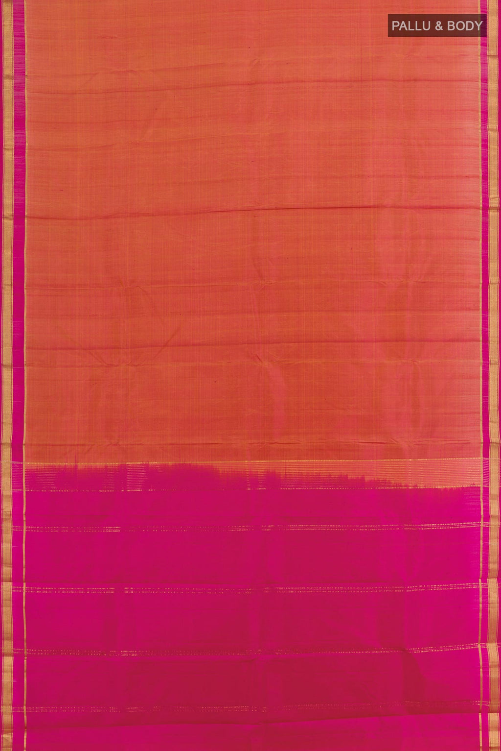 Flat view of Peach Kanchipuram Silk Saree with Zari Butta on the body and Zari Border. 