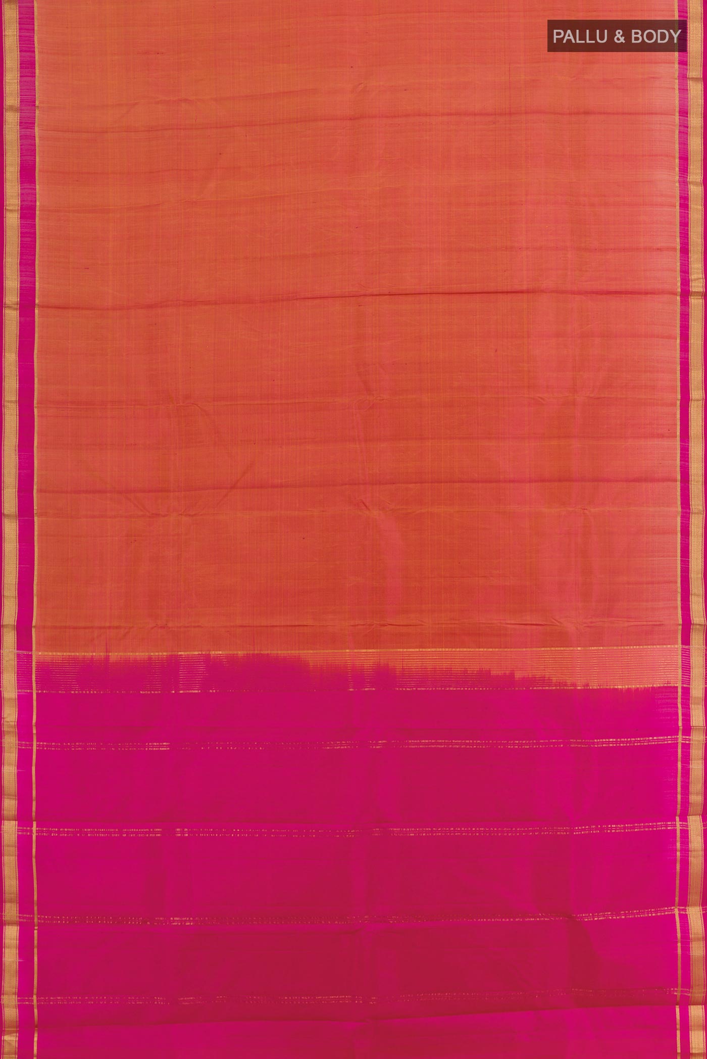 Flat view of Peach Kanchipuram Silk Saree with Zari Butta on the body and Zari Border. 