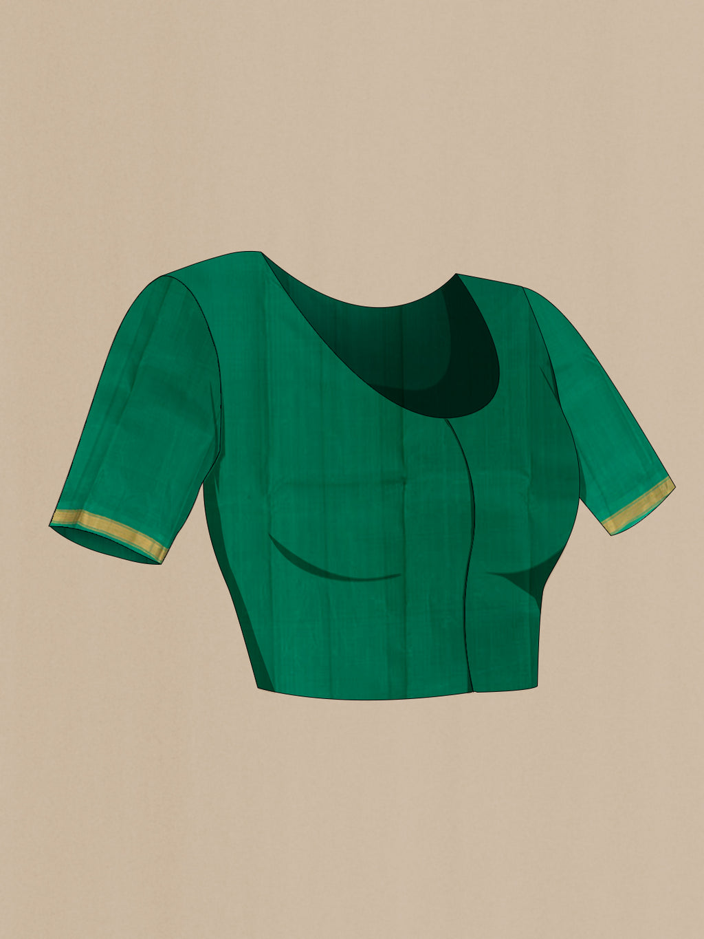 Close up image of the blouse of Bottle Green Kanchipuram Silk Saree with Plain Body and Zari Border. 