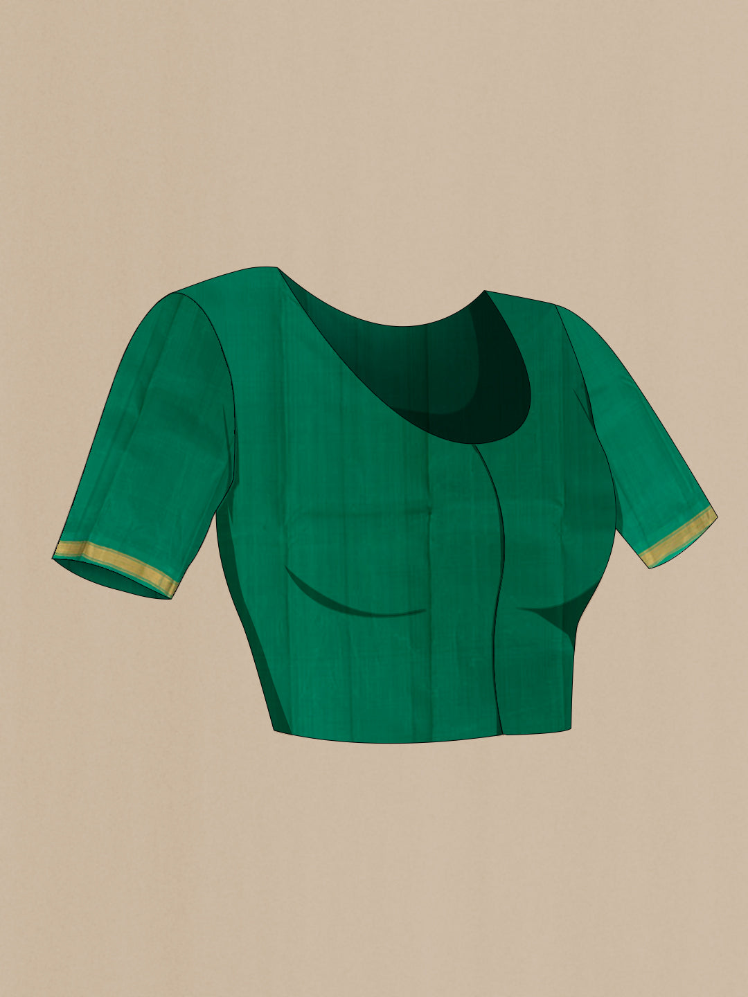 Close up image of the blouse of Bottle Green Kanchipuram Silk Saree with Plain Body and Zari Border. 
