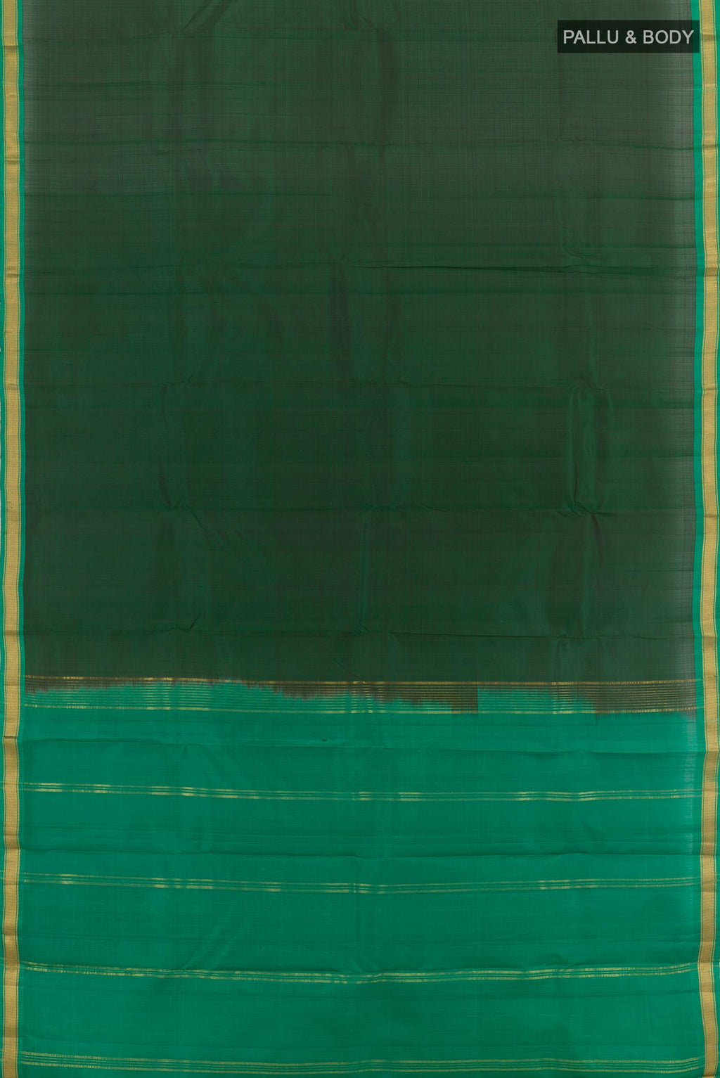 Flat view of Bottle Green Kanchipuram Silk Saree with Plain Body and Zari Border. 