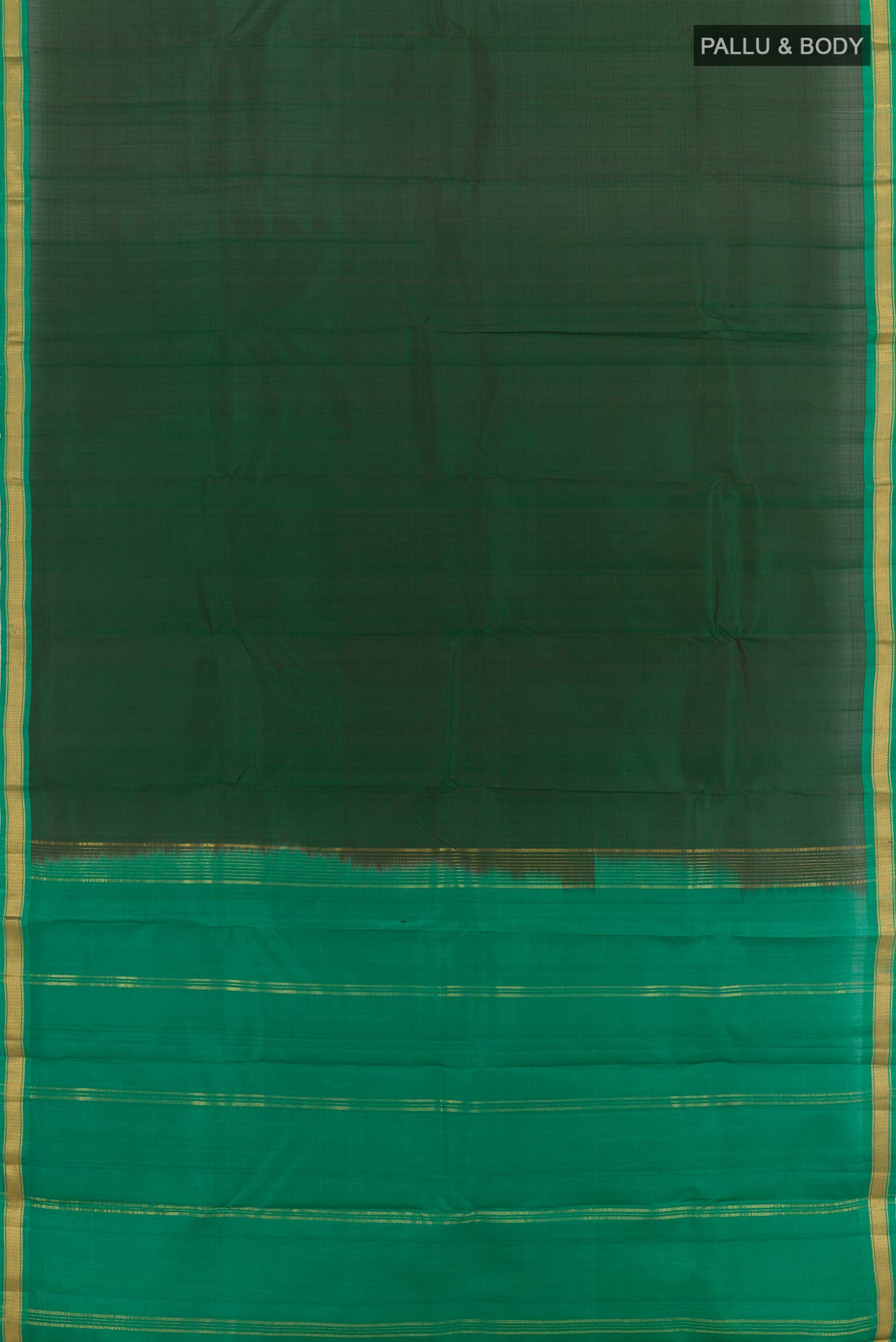 Flat view of Bottle Green Kanchipuram Silk Saree with Plain Body and Zari Border. 