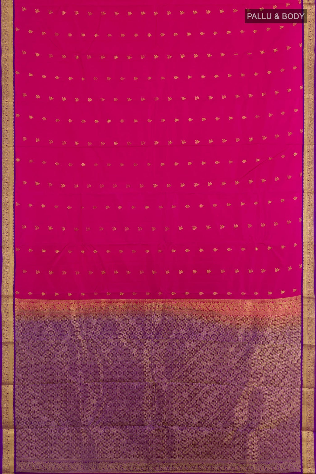 Flat view of Pink Kanjivaram Silk Saree with Zari Butta on the body and Zari Border. 