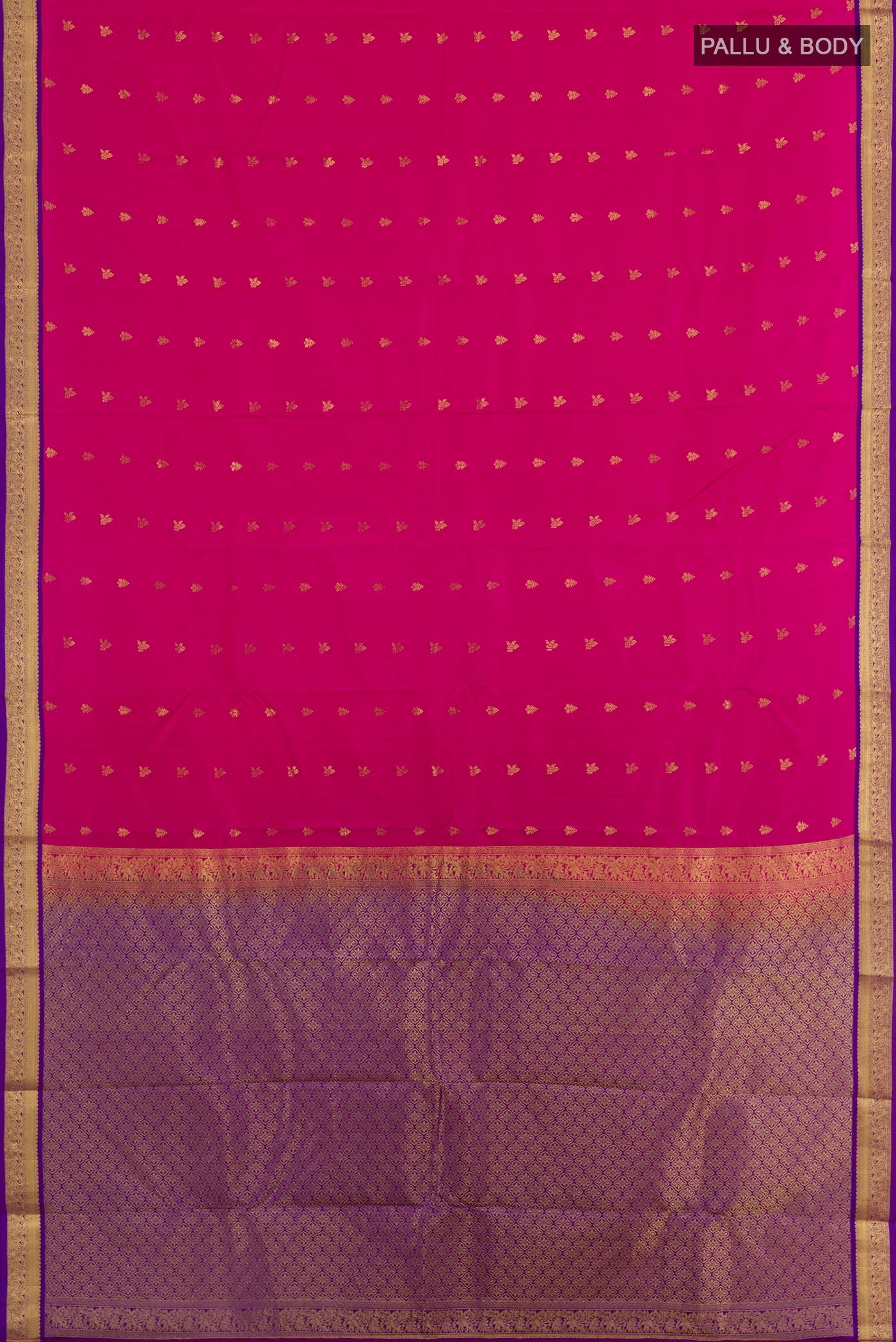Flat view of Pink Kanjivaram Silk Saree with Zari Butta on the body and Zari Border. 