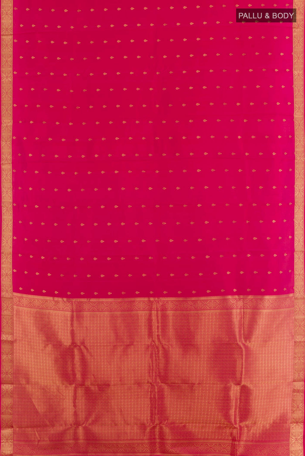 Flat view of Pink Kanjivaram Silk Saree with Zari Butta on the body and Zari Border. 