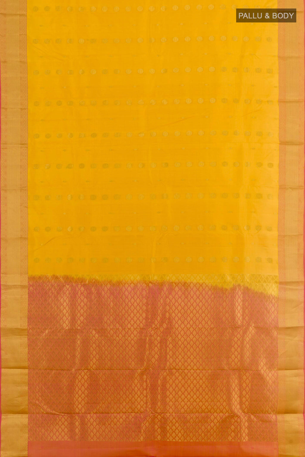 Flat view of Yellow Kanjivaram Silk Saree with Zari Butta on the body and Zari Border. 