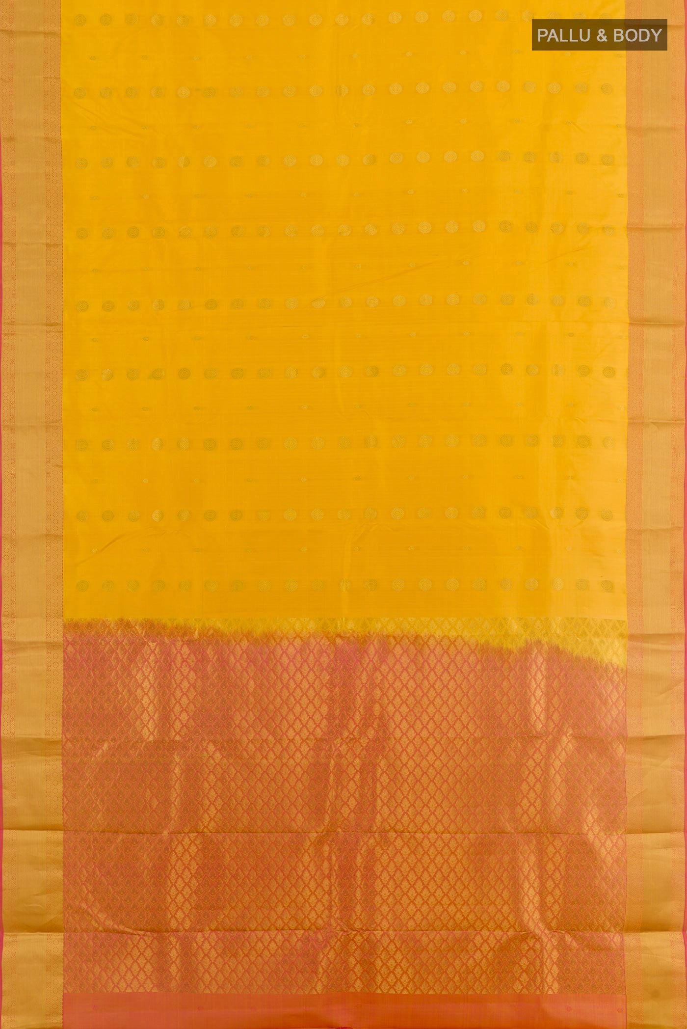 Flat view of Yellow Kanjivaram Silk Saree with Zari Butta on the body and Zari Border. 