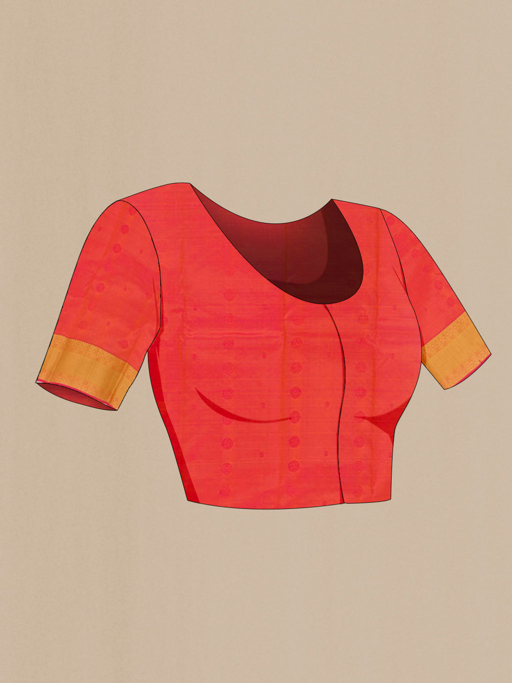 Close up image of the blouse of Mustard Kanjivaram Silk Saree with Zari Butta on the body and Zari Border. 