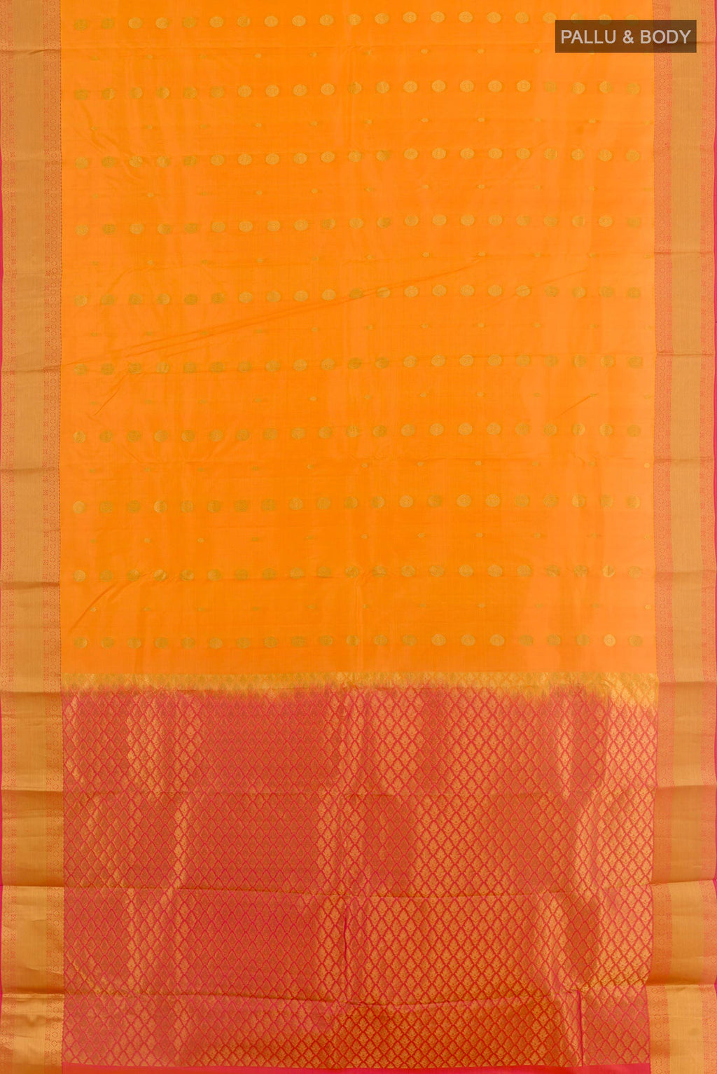 Flat view of Mustard Kanjivaram Silk Saree with Zari Butta on the body and Zari Border. 
