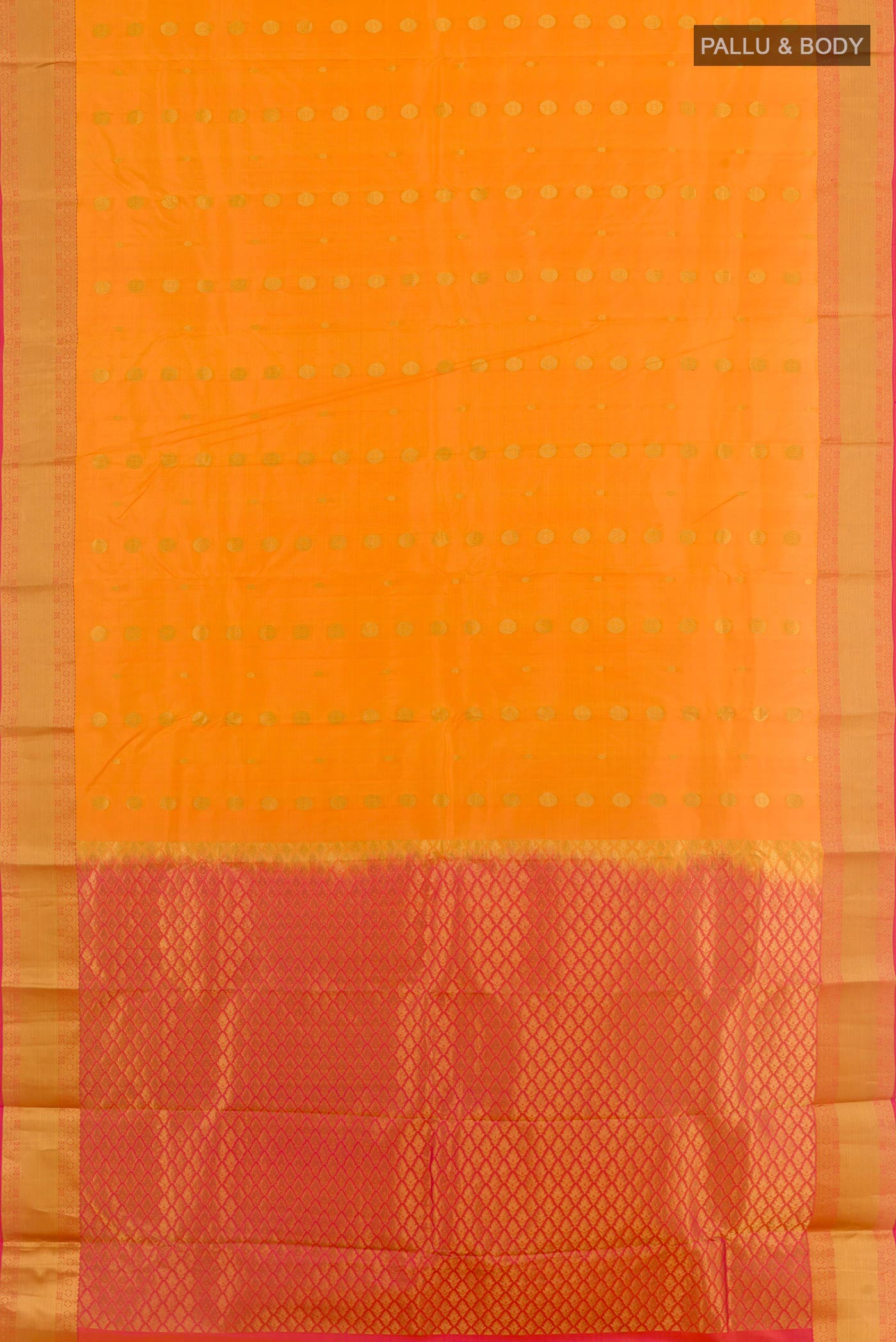 Flat view of Mustard Kanjivaram Silk Saree with Zari Butta on the body and Zari Border. 