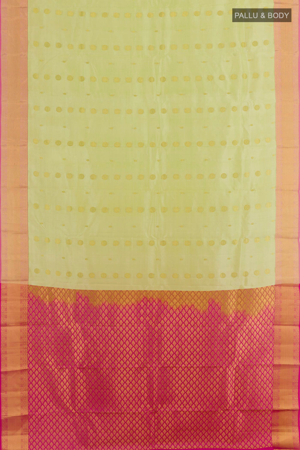 Flat view of Light Green Kanjivaram Silk Saree with Zari Butta on the body and Zari Border. 