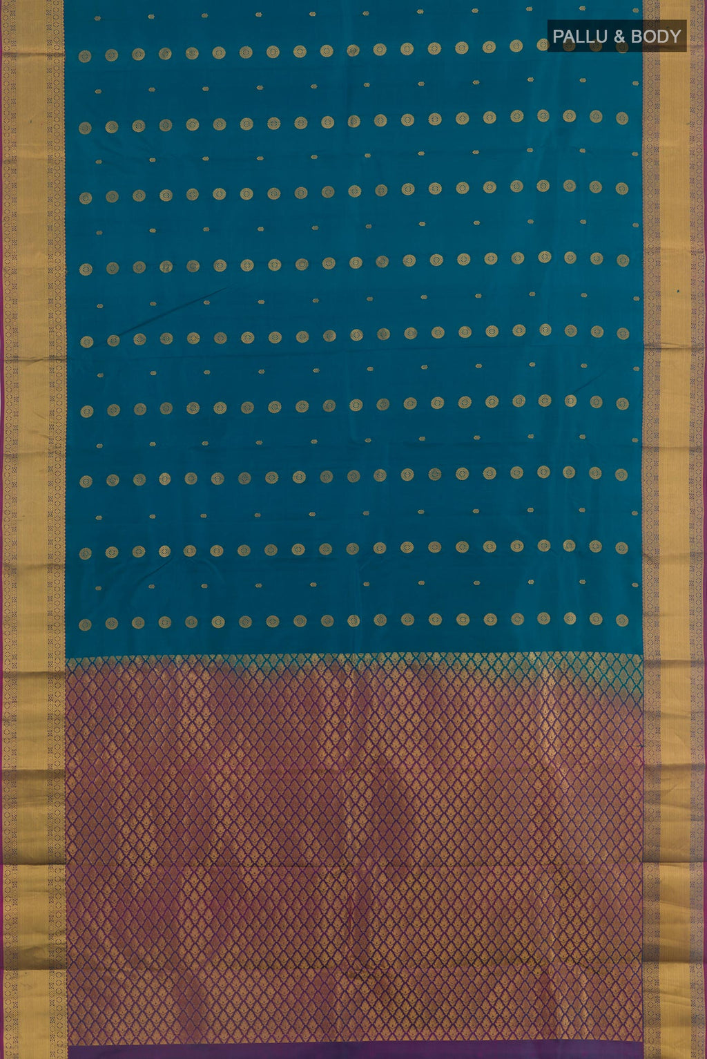 Flat view of Blue Kanjivaram Silk Saree with Zari Butta on the body and Zari Border. 