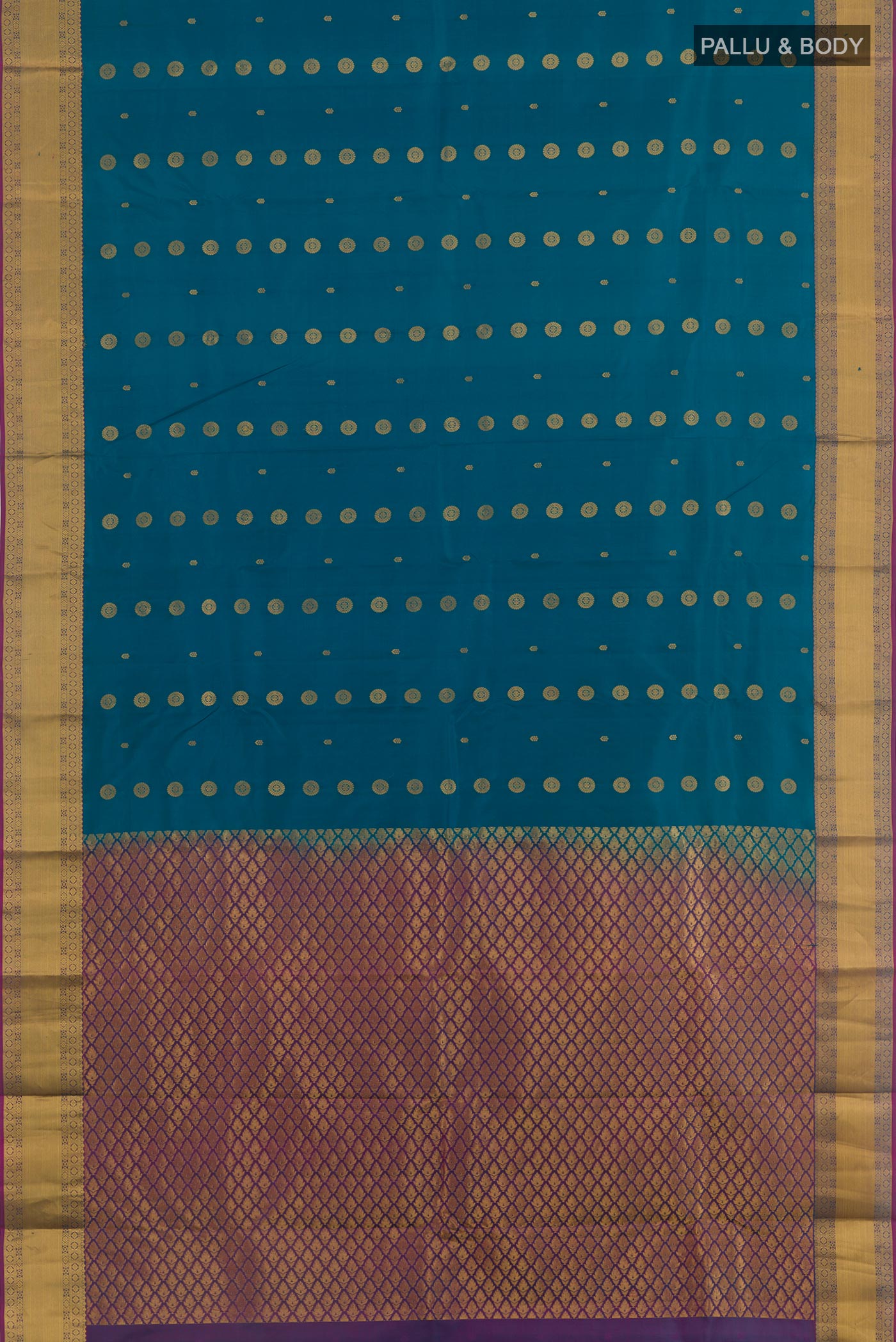 Flat view of Blue Kanjivaram Silk Saree with Zari Butta on the body and Zari Border. 