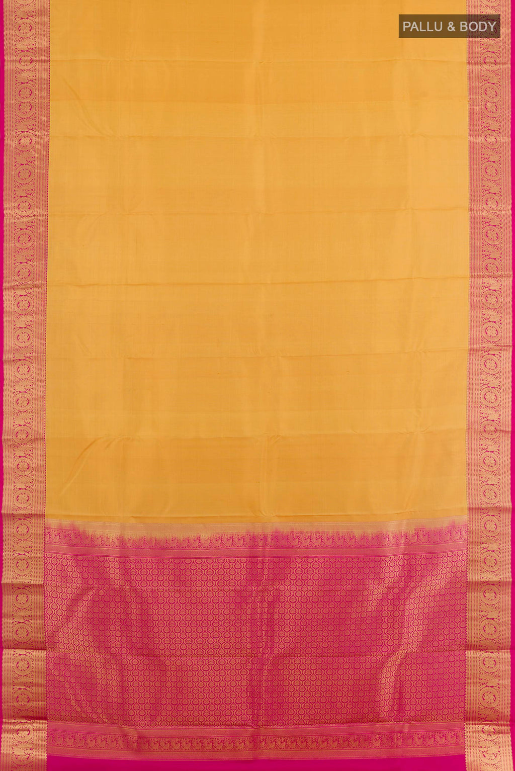 Flat view of Yellow Kanchipuram Silk Saree with Plain Body and Zari Border. 