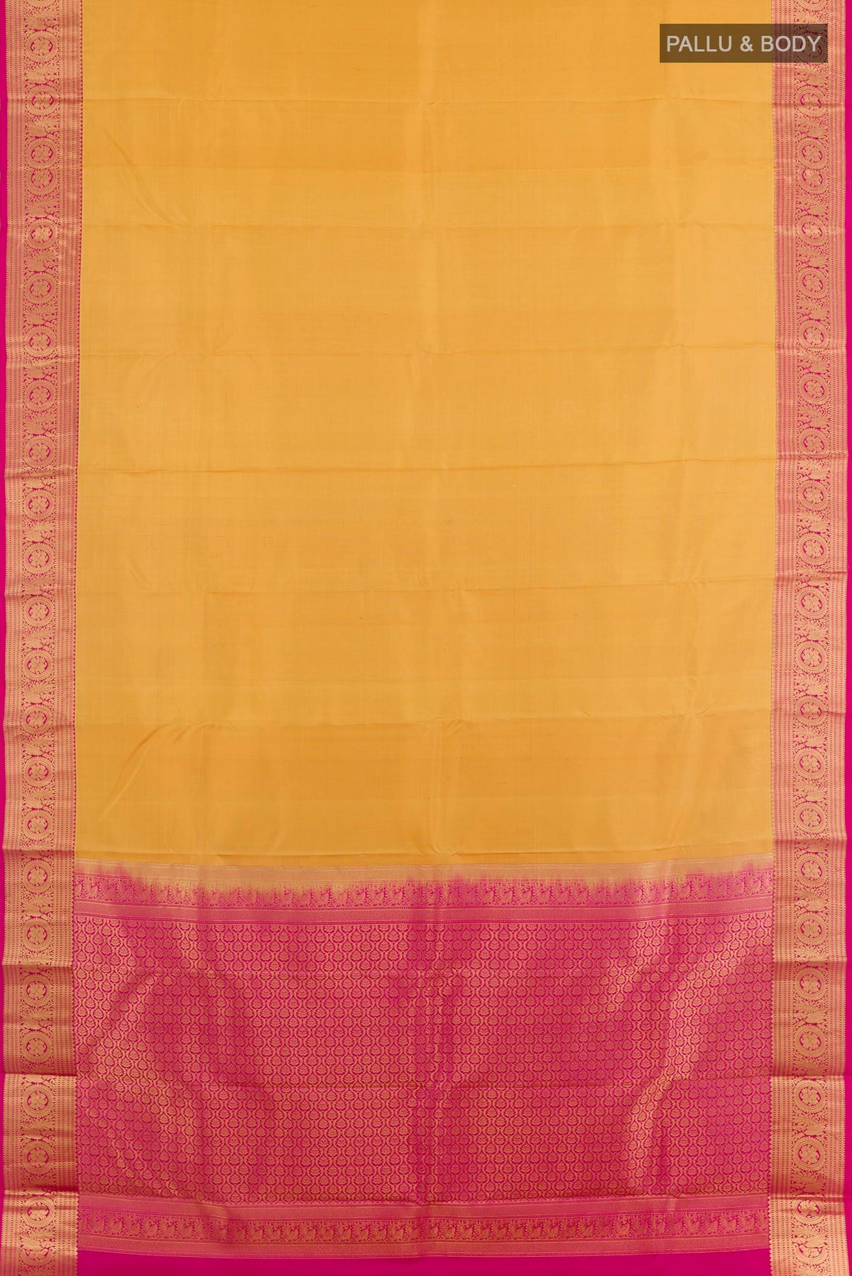 Flat view of Yellow Kanchipuram Silk Saree with Plain Body and Zari Border. 