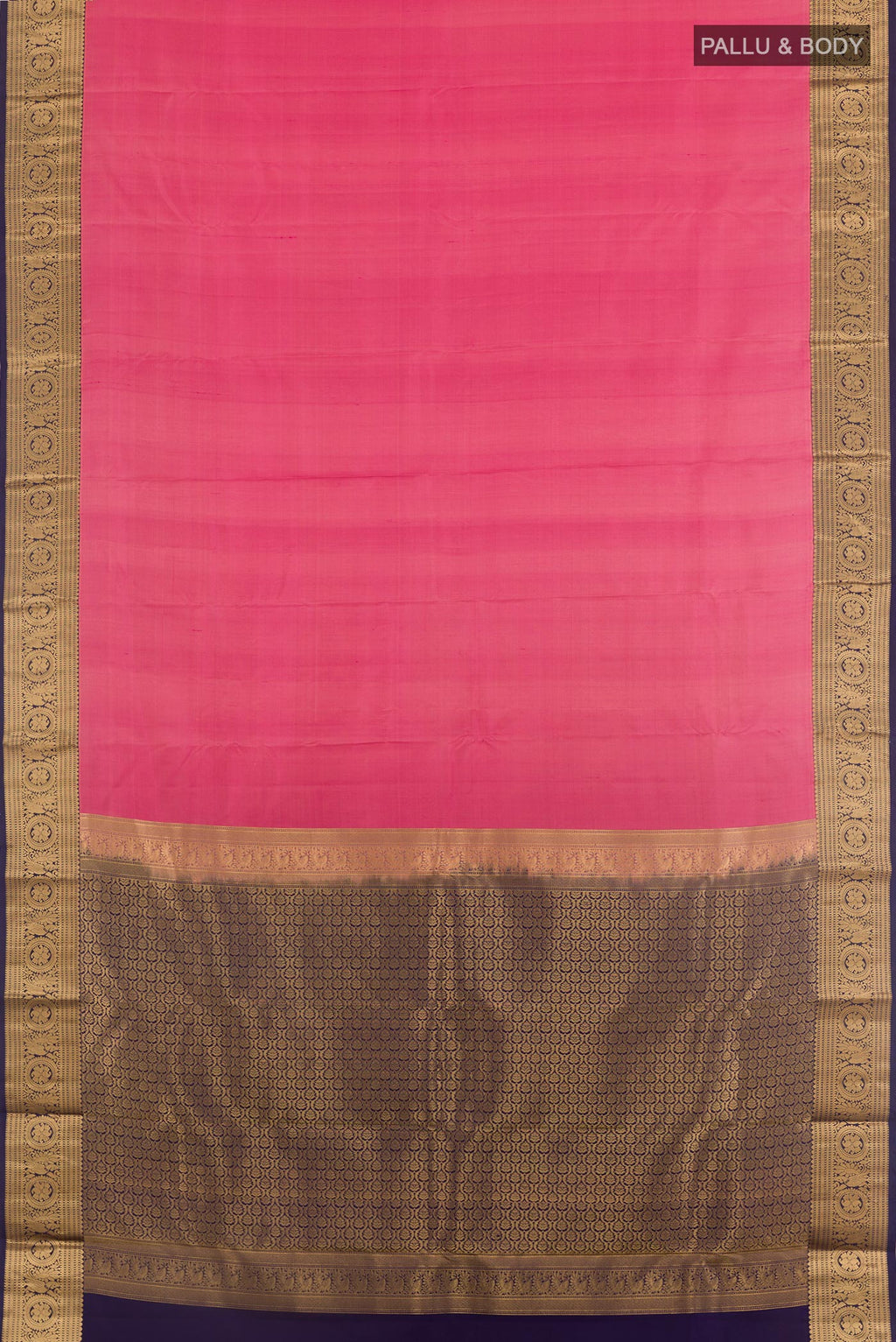 Flat view of Pink Kanchipuram Silk Saree with Plain Body and Zari Border. 