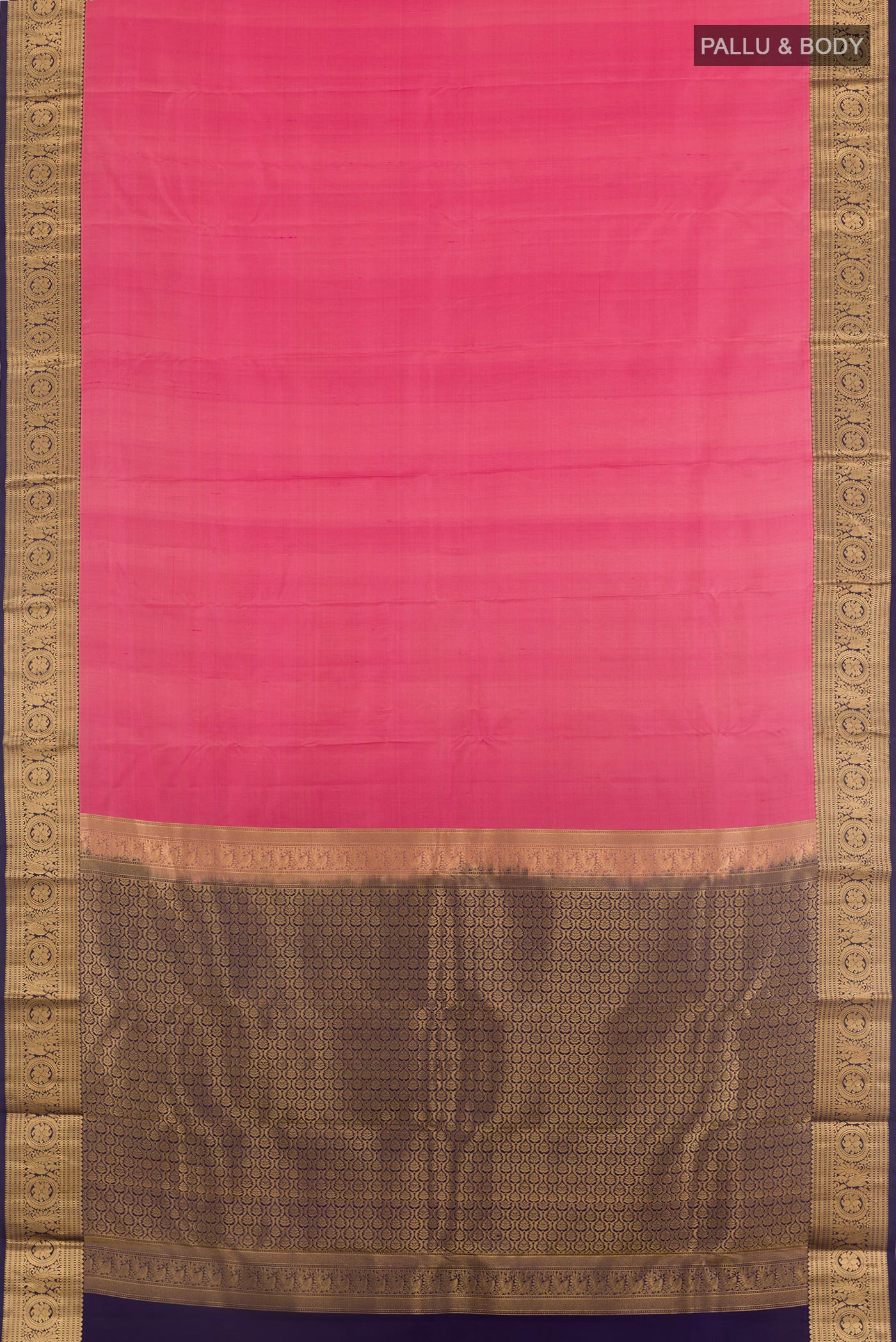 Flat view of Pink Kanchipuram Silk Saree with Plain Body and Zari Border. 