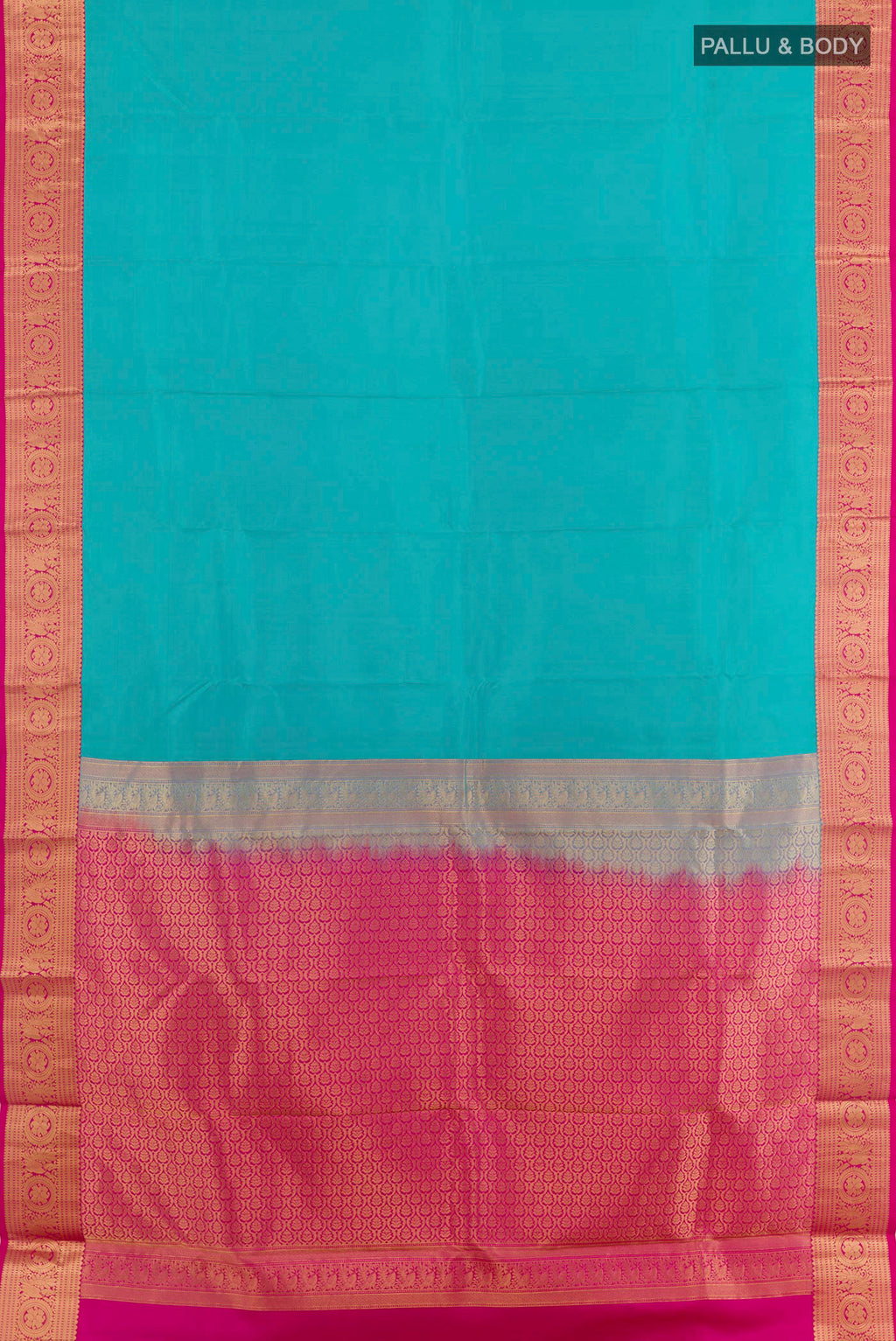Flat view of Blue Kanchipuram Silk Saree with Plain Body and Zari Border. 