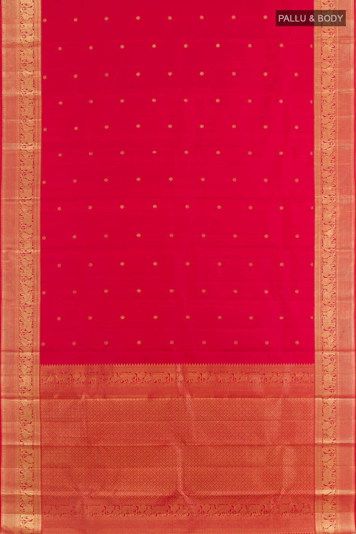 Flat view of Red Kanchipuram Silk Saree with Zari Butta on the body and Zari Border. 